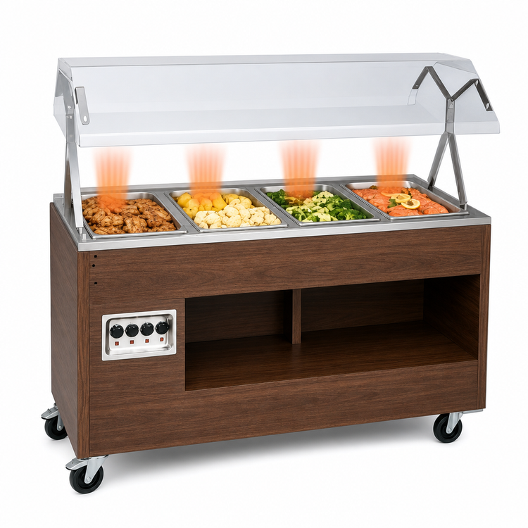 Product image #3 for Vollrath 2-Series Affordable Portable 4-Well Mobile Hot Food Station with Lighted Buffet Breath Guard, Open Storage Base, Walnut Woodgrain