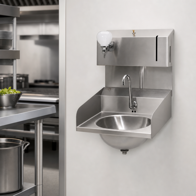 Product image #3 for Eagle Group Wall-Mounted Commercial Hand Wash Sink with Electronic Eye Gooseneck Faucet, Soap & Paper Towel Dispensers, Side Splashes, 304 Stainless Steel