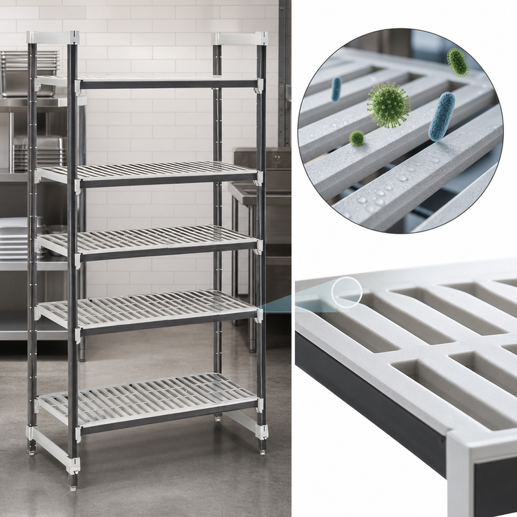 Product image #3 for Cambro Camshelving Elements XTRA 5-Tier Vented Stationary Starter Shelving Unit, 18" x 72" x 72", Speckled Gray