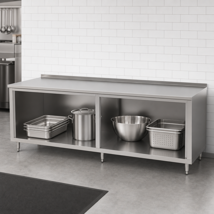 Product image #3 for John Boos 132-Inch x 30-Inch Open Front Cabinet Base Work Table, 14-Gauge Stainless Steel Top, 1-1/2-Inch Rear Riser