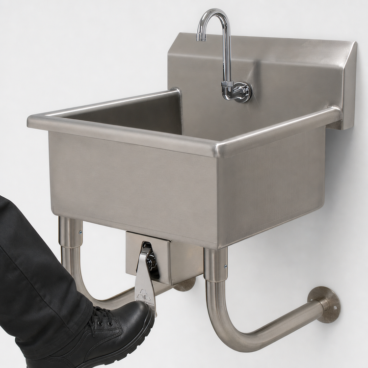 Product image #3 for Advance Tabco Wall-Mounted One-Station Stainless Steel Service Sink with Knee Valve and Gooseneck Spout