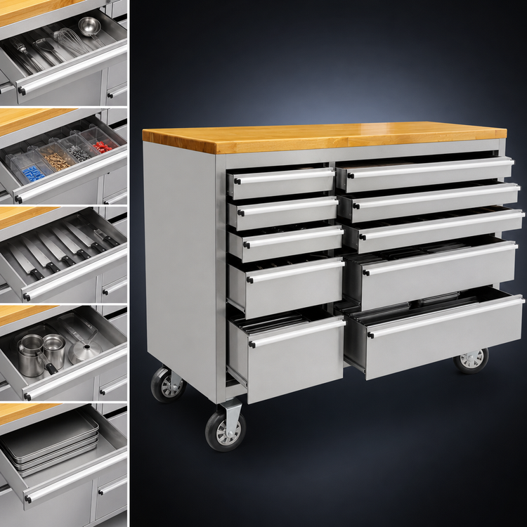 Product image #3 for Omcan USA Mobile Stainless Steel Work Bench with Rubberized Wood Top and 10 Locking Drawers, 55 x 18 x 37 Inches