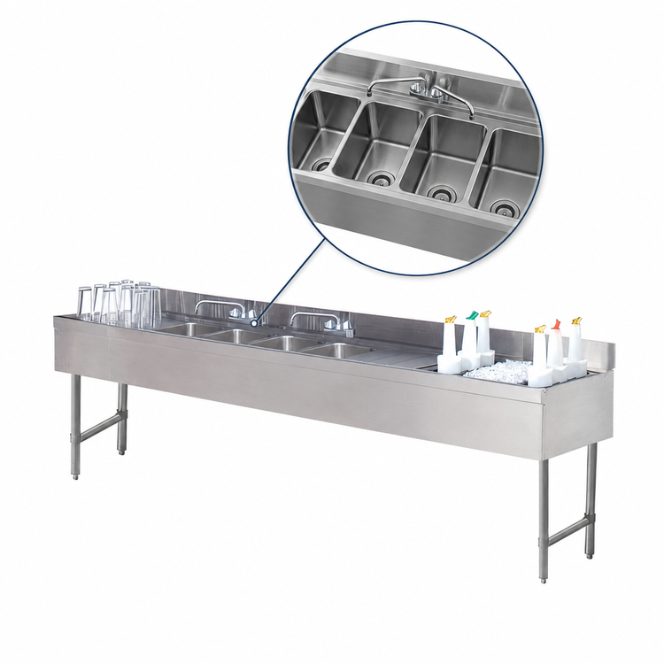 Product image #3 for Advance Tabco Underbar Basics 96-Inch 4-Compartment Stainless Steel Bar Sink and Ice Bin Combo with Right-Side Ice Bin