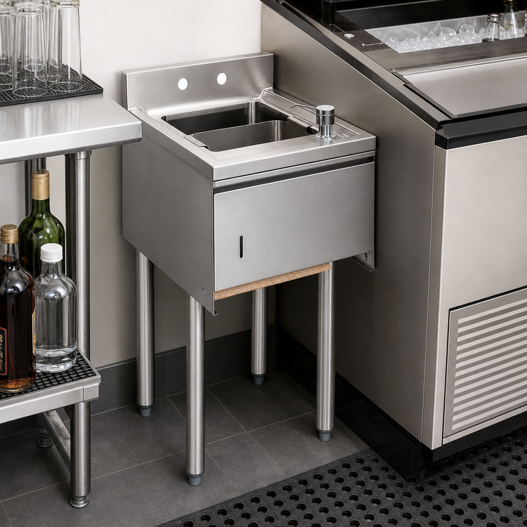 Product image #3 for BK Resources Slimline 1-Compartment Stainless Steel Underbar Dump Sink with 4-Inch Backsplash