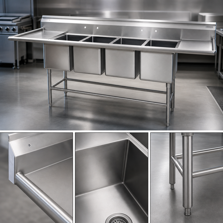 Product image #3 for Eagle Group Spec-Master FN2496-4-14/3 Four-Compartment Stainless Steel Commercial Sink with 14" Deep Bowls