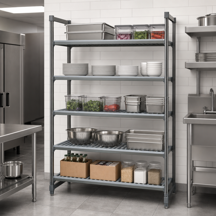 Product image #3 for Cambro Camshelving Basics Plus 5-Tier Stationary Louvered Starter Shelving Unit, 21-Inch x 60-Inch x 72-Inch, Brushed Graphite