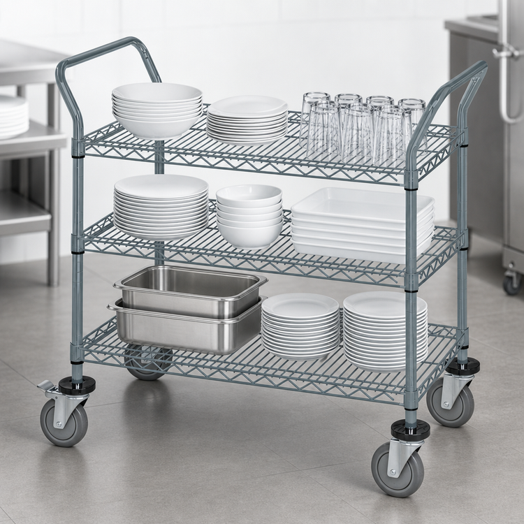 Product image #3 for Quantum Gray Epoxy Antimicrobial 3-Shelf Bus Cart, 60 x 24 x 37-1/2 Inches