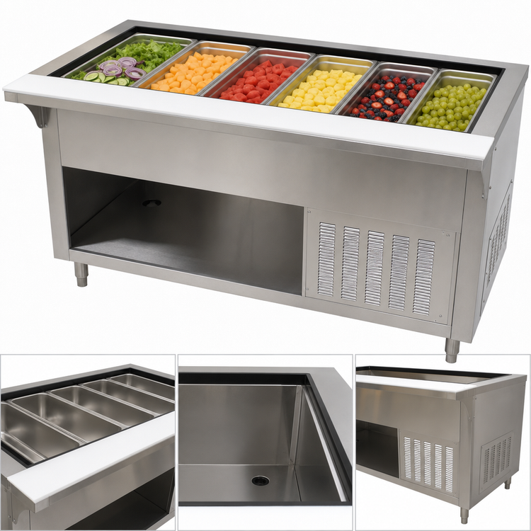 Product image #3 for Advance Tabco 6-Pan Self-Contained Refrigerated Cold Pan Buffet Station with Open Rear Base, 93-1/8 Inch W x 36-1/4 Inch D
