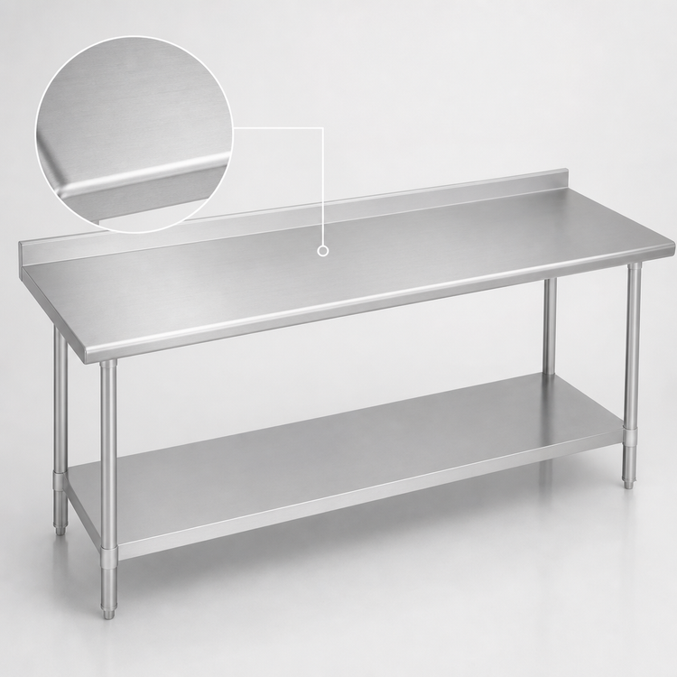 Product image #3 for Duke 144-Inch x 24-Inch Stainless Steel Work Table with 1-1/8-Inch Straight Riser and Stainless Undershelf