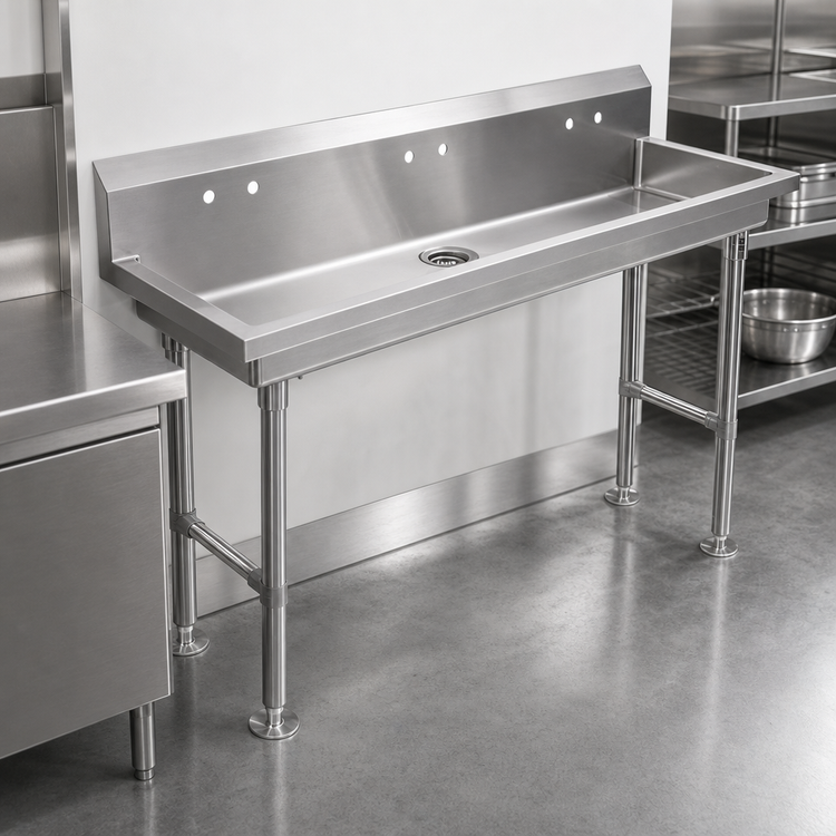 Product image #3 for Freestanding Multi-Station Stainless Steel Hand Wash Sink with 4 Single Faucet Holes, 80 Inch Wide, 5-Inch Deep Bowls