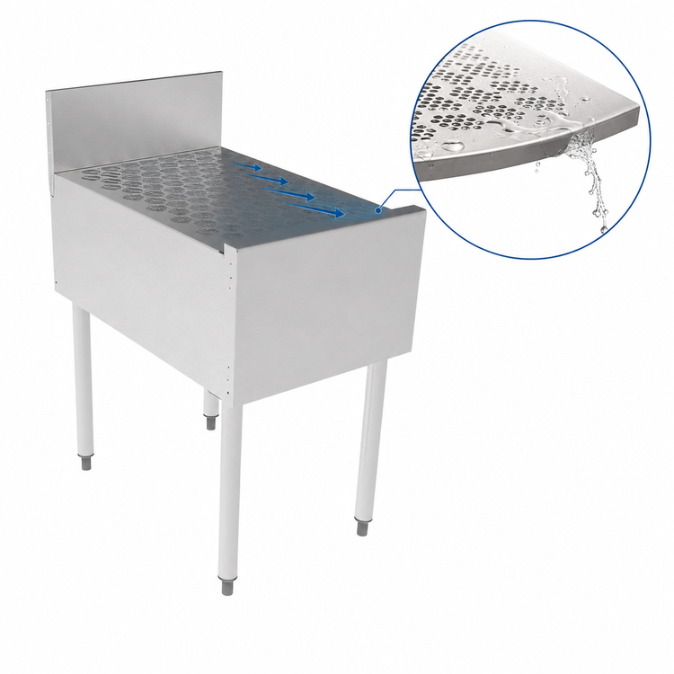 Product image #4 for Top Shelf TSCE18DB 18-Inch Freestanding Stainless Steel Underbar Drainboard with Backsplash and Perforated Glass Rack Insert