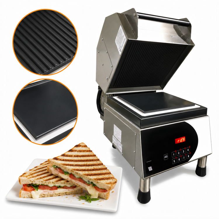 Product image #3 for Nemco PaniniPro Countertop Panini Press with Grooved Top and Smooth Bottom, 10-1/2 Inch Non-Stick Aluminum Plates, 208V
