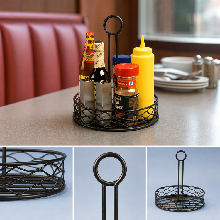 Product image #3 for American Metalcraft Birdnest 6-Inch Round Wire Condiment Rack with Center Handle and Table Number Slot, Black