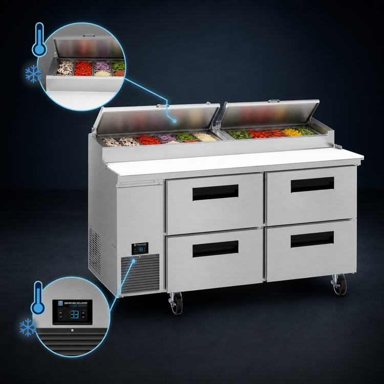 Product image #3 for Hoshizaki Steelheart PR67B-D4 67 Inch Two-Section Pizza Prep Table with Drawers