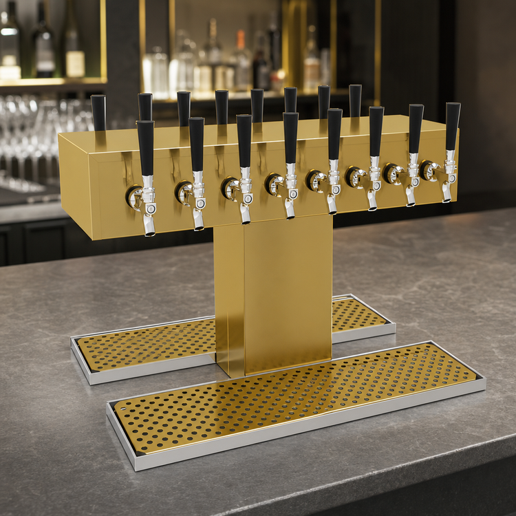 Product image #3 for Glastender Double-Sided 16-Faucet Countertop Glycol-Cooled Draft Dispensing Tower, Polished Brass Finish