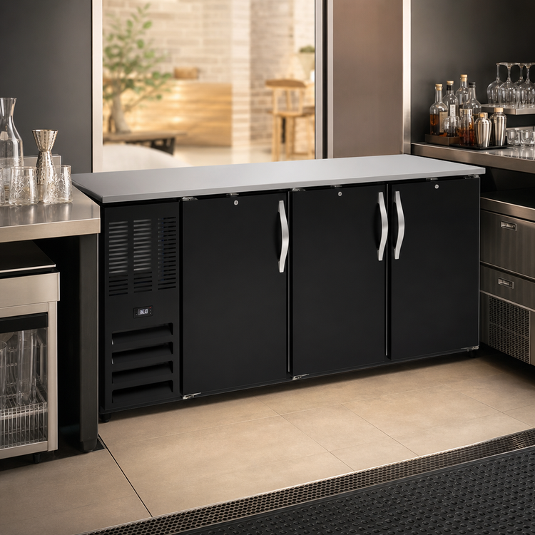 Product image #3 for Beverage Air BB72HC-F-PT-B Three-Section 72-Inch Pass-Thru Food-Rated Back Bar Refrigerator with Solid Doors