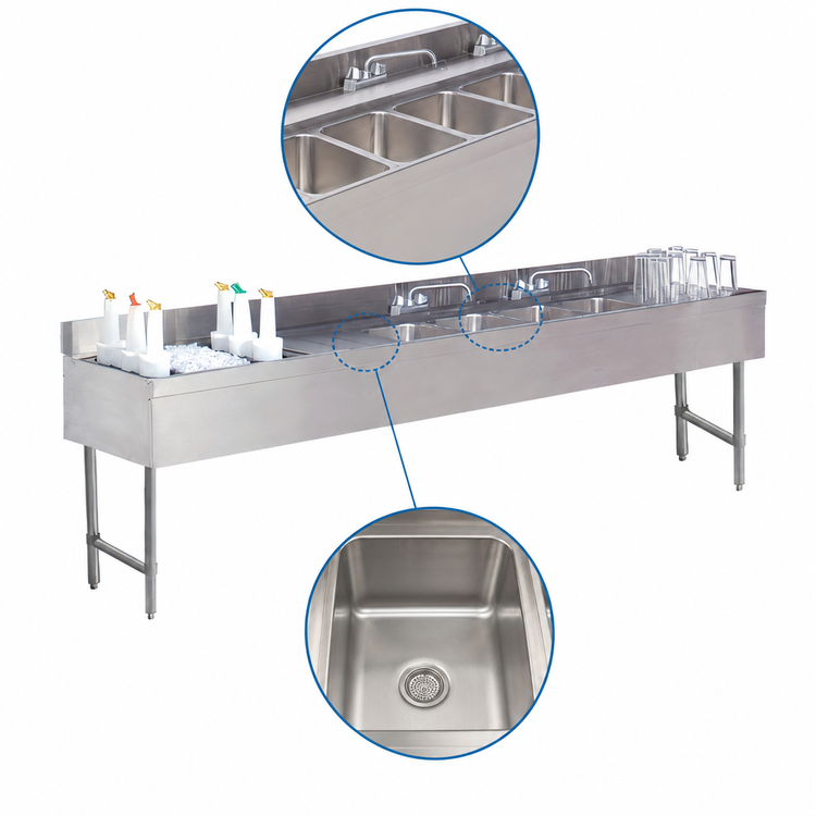 Product image #3 for Advance Tabco Underbar Basics 96-Inch Stainless Steel 4-Compartment Bar Sink and Ice Bin Combo with Left Ice Bin and Deck-Mount Faucets
