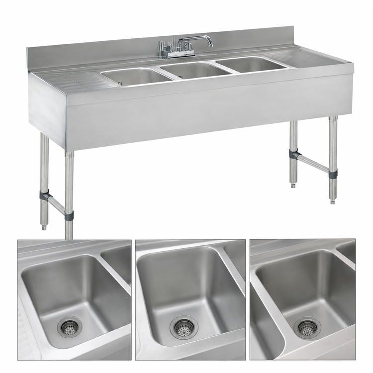 Product image #3 for Advance Tabco Underbar Basics 3-Compartment Stainless Steel Underbar Sink Unit with Dual Drainboards and Deck-Mount Faucet, 72 Inch Wide