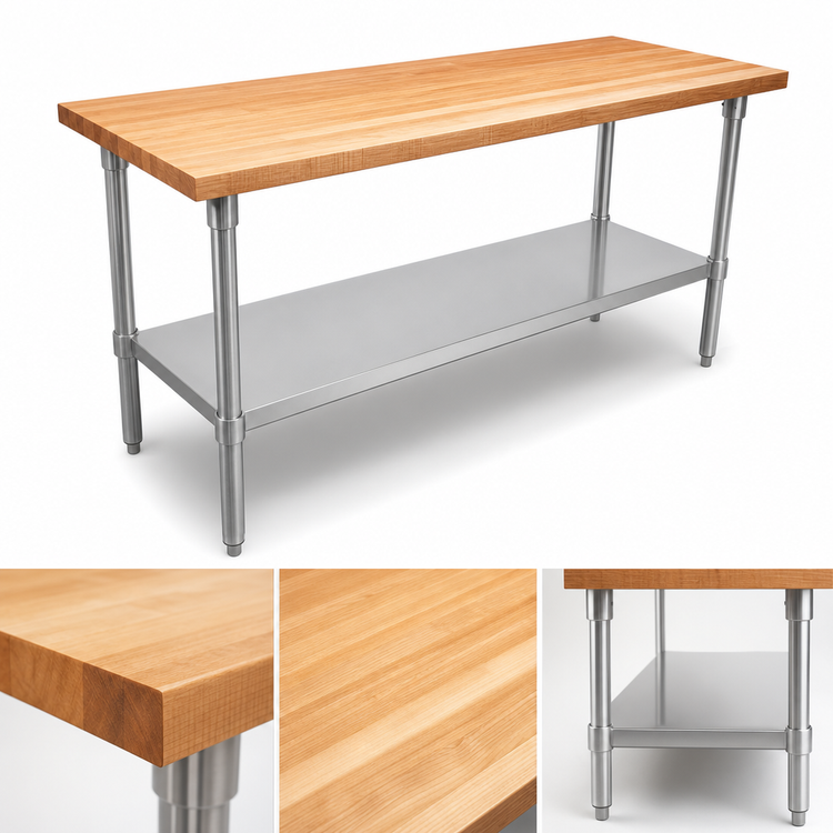 Product image #3 for John Boos 96-Inch x 18-Inch Northern Hard Rock Maple Wood Top Work Table with Stainless Steel Legs and Adjustable Undershelf