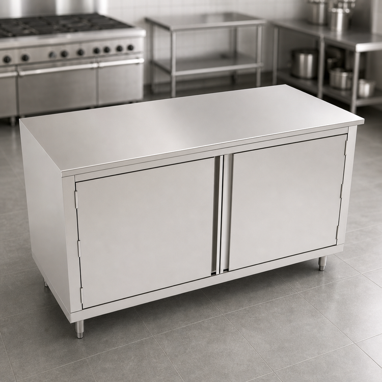 Product image #3 for John Boos 60" x 30" 16-Gauge Stainless Steel Flat Top Enclosed Work Table with Cabinet Base and Hinged Doors