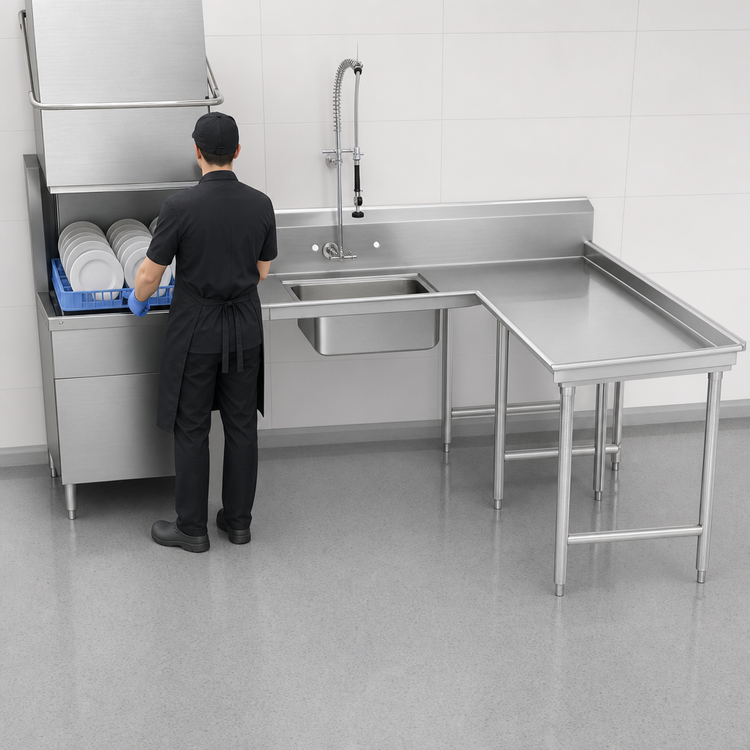 Product image #3 for Advance Tabco L-Shaped Island Soil Dishtable with Pre-Rinse Sink, Right-Hand, 95 Inch, 16 Gauge 304 Stainless Steel