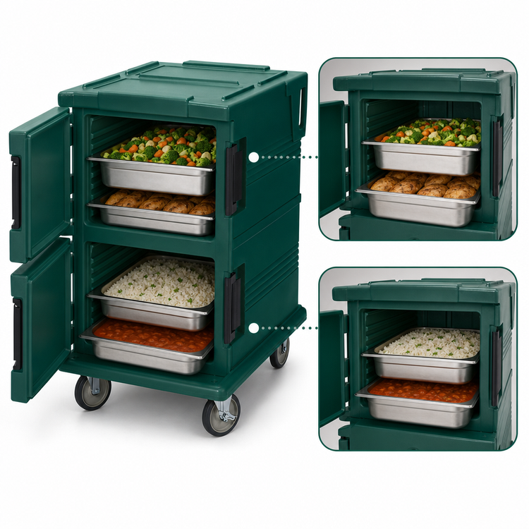 Product image #4 for Cambro Ultra Camcart® UPC1200 Double-Compartment Front-Loading Insulated Food Pan Carrier, 12 Full-Size Pan Capacity, Green