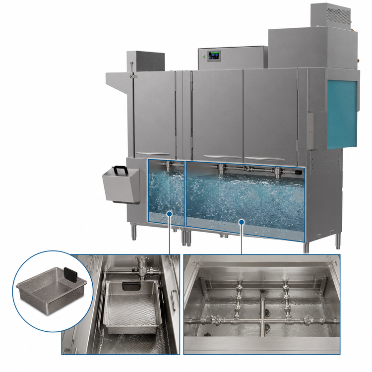 Product image #2 for Champion Pro Series 66-Inch High Temp Conveyor Dishwasher with 44-Inch Single Tank and 22-Inch Prewash