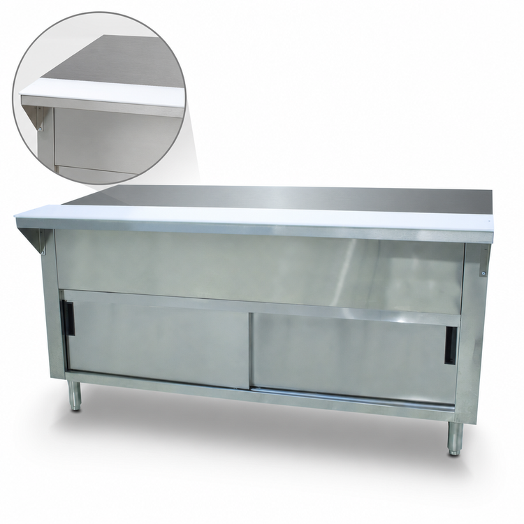 Product image #3 for Advance Tabco Triumph Supreme 62-7/16-Inch Solid Top Utility Station with Poly Cutting Board and Sliding Door Cabinet Base