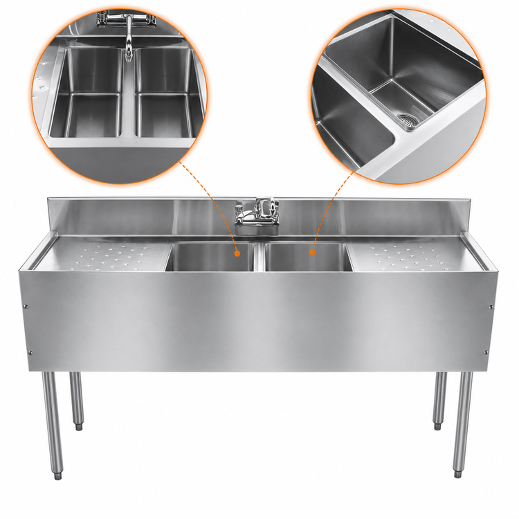 Product image #3 for CHOICE 48-Inch Two-Compartment Underbar Sink Unit with Dual Drainboards