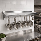 Thumbnail image #3 for John Boos Stallion BHS18144PR-16/304 Wall-Mount 16-Gauge Stainless Steel Pot Rack Shelf, Single Bar, 12 Hooks, 144W x 18D x 13H