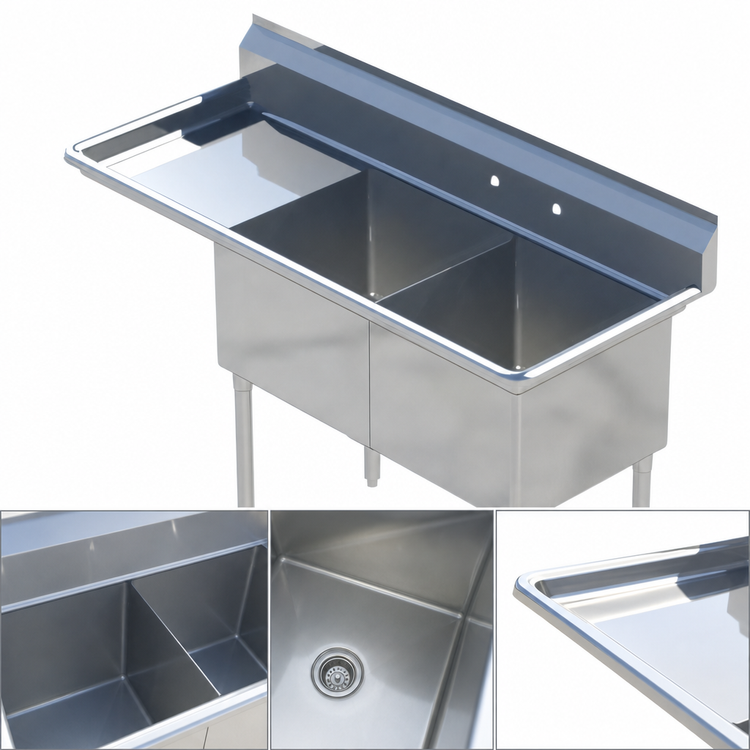 Product image #3 for Sapphire 44-1/2 Inch 2-Compartment Stainless Steel Sink with Left Drainboard and 9-3/4 Inch Backsplash