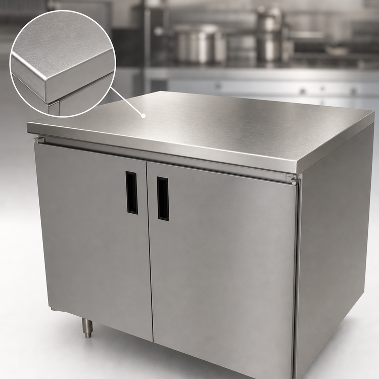 Product image #3 for Advance Tabco Special Value Series Enclosed Work Table, 60 x 30, 16-Gauge 304 Stainless Steel Top, Cabinet Base with Mid-Shelf and Hinged Doors