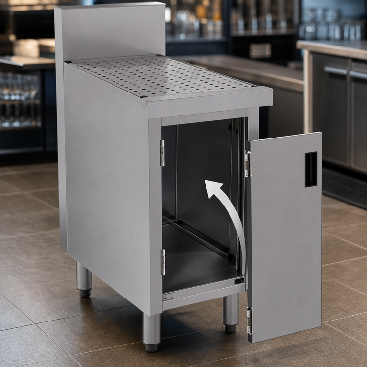 Product image #3 for Advance Tabco Prestige Supreme 18-Inch Freestanding Stainless Steel Underbar Drainboard Cabinet with Removable Doors and 7-Inch Backsplash