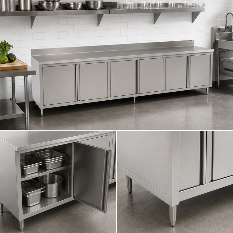 Product image #3 for John Boos Enclosed Cabinet Base Work Table with Hinged Doors, 144 x 36 Inches, 14-Gauge Stainless Steel Top, 5-Inch Backsplash