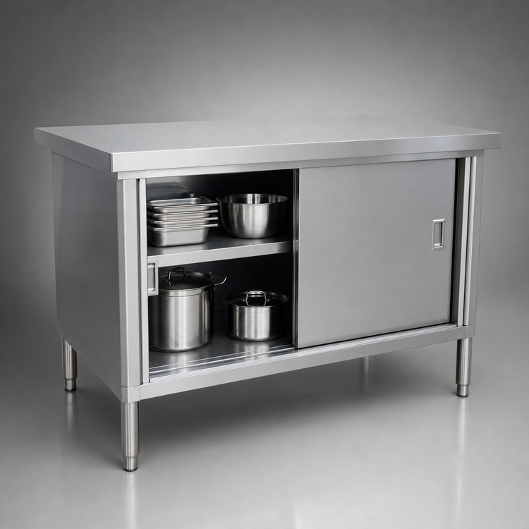 Product image #3 for Omcan USA 48-Inch x 30-Inch x 34-Inch Flat Top Stainless Steel Enclosed Work Table with Sliding Doors