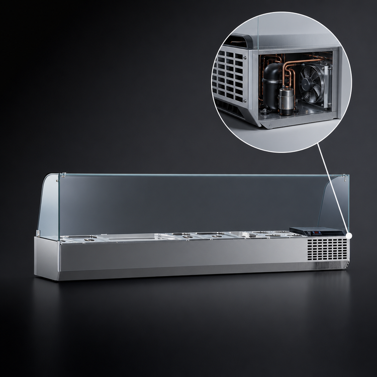 Product image #3 for Marra Forni GAC225 Refrigerated Countertop Condiment Rail with Glass Sneeze Guard, 88-Inch Wide, 10 x 1/3 Pan Capacity