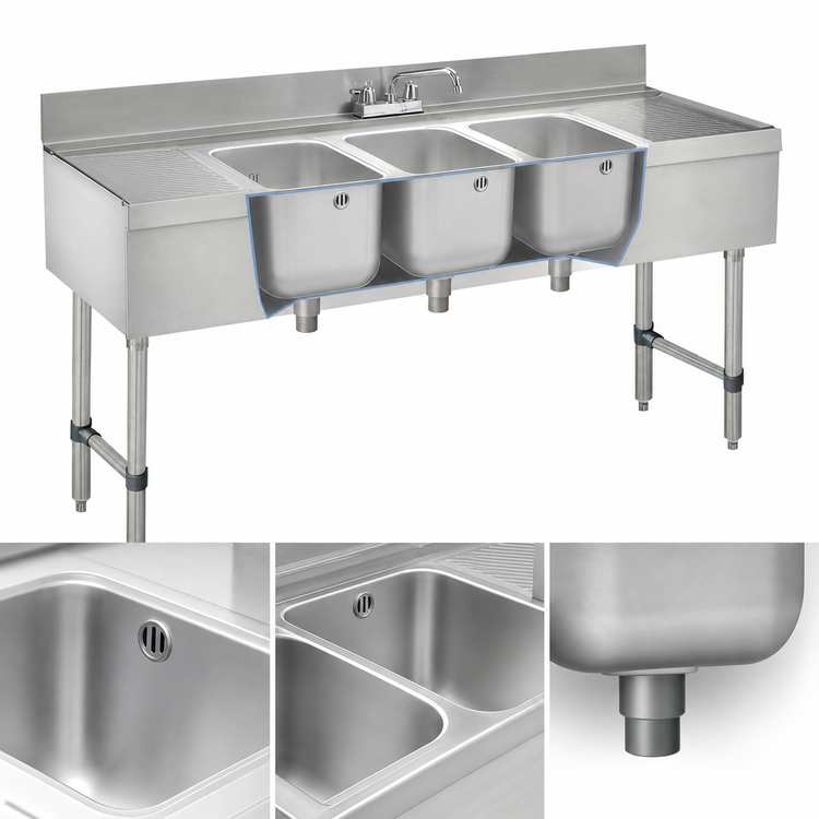 Product image #3 for Advance Tabco Underbar Basics 84-Inch 3-Compartment Stainless Steel Underbar Sink Unit with Left and Right Drainboards and Faucet