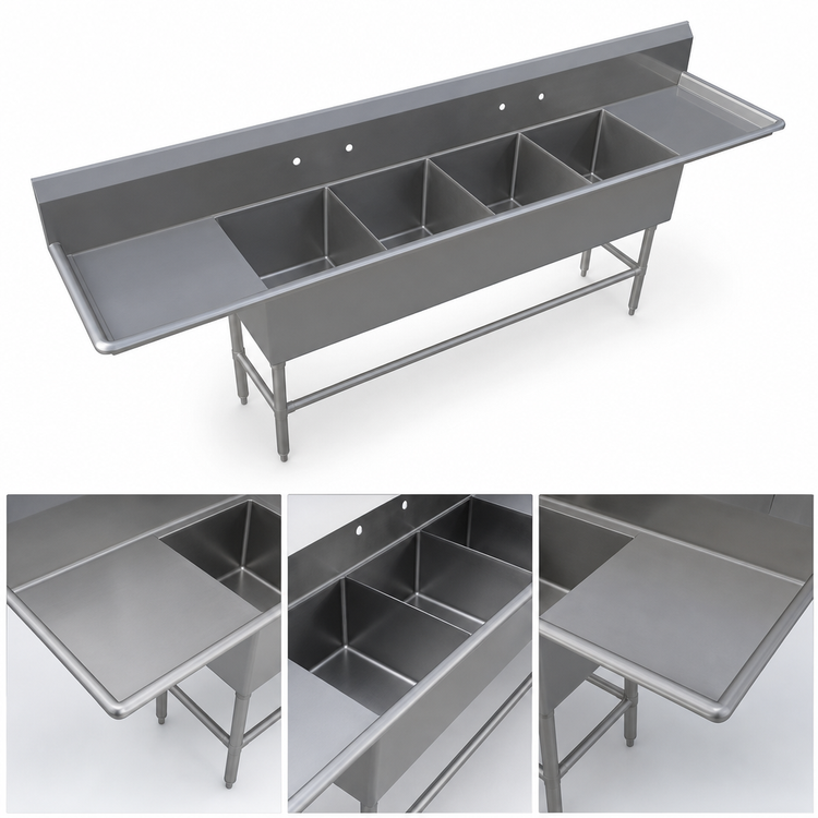 Product image #3 for John Boos Pro-Bowl 4-Compartment Stainless Steel Sink with Left and Right Drainboards, 18" x 24" Bowls