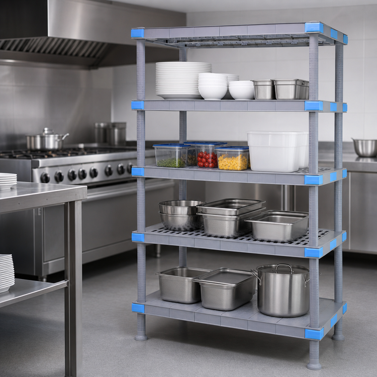 Product image #3 for Quantum Millenia Polymer Shelving Unit with 3 Open and 1 Solid Grid Shelves, 72W x 24D x 86H, Gray