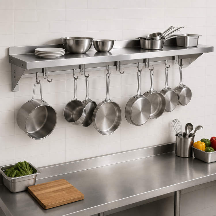 Product image #3 for John Boos Stallion Wall-Mounted Pot Rack Shelf with 8 Hooks, 96 x 18 x 13 Inch, Stainless Steel