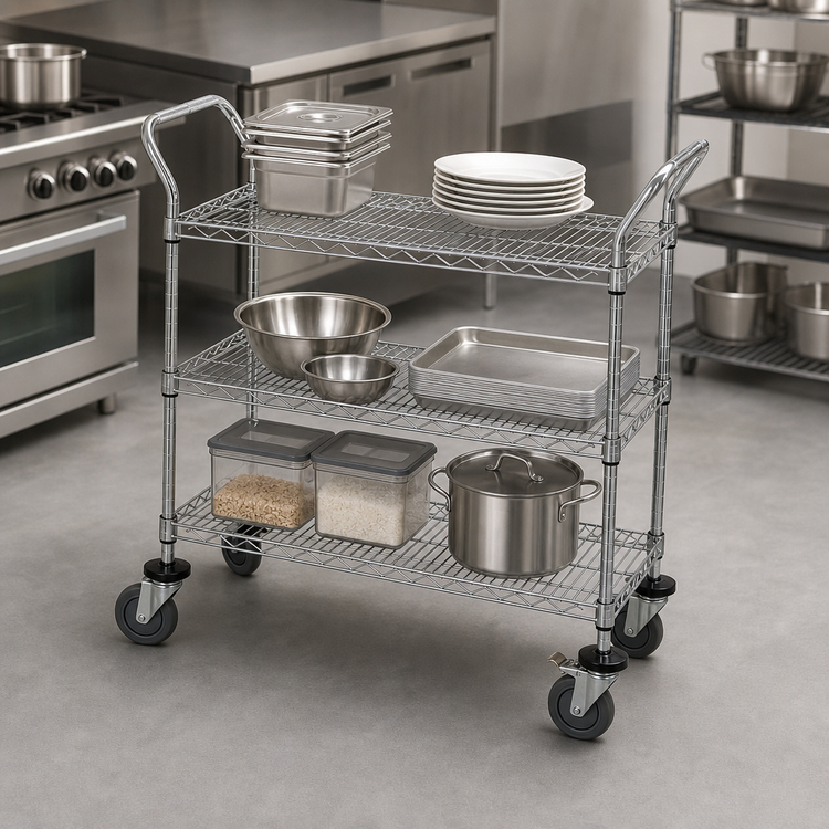 Product image #3 for Quantum 3-Shelf Gray Epoxy Wire Utility Bus Cart, 42 x 18 Inches, 1,200 lb. Capacity