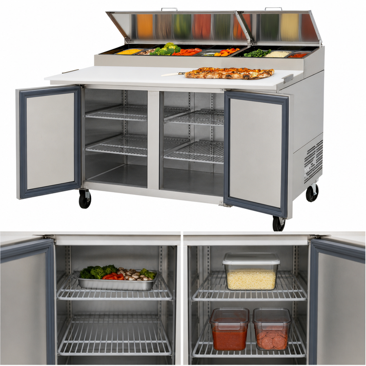 Product image #3 for Migali Competitor Series® 67-Inch Two-Section Refrigerated Pizza Prep Table, Side-Mount Self-Contained, 20.0 Cu. Ft.