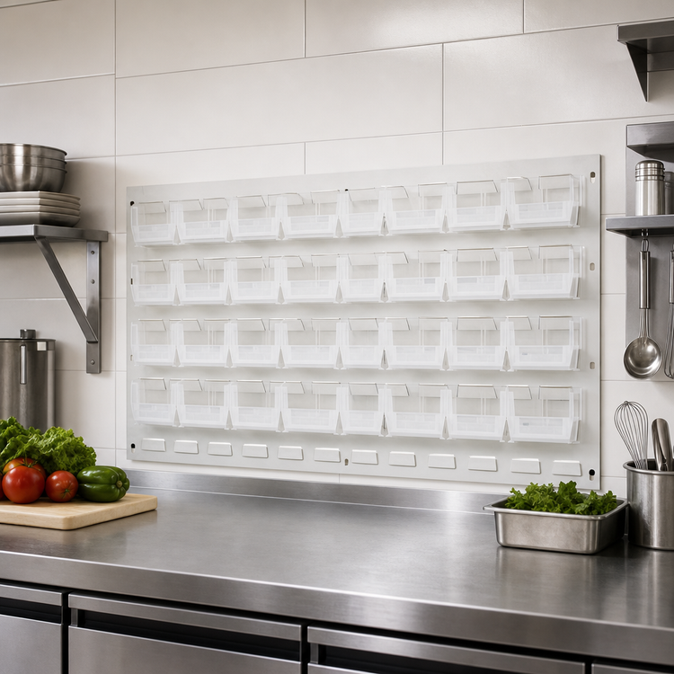 Product image #3 for Quantum Wall-Mounted Louvered Panel Starter Unit with 32 Clear Bins, 36 x 8 x 19 Inches