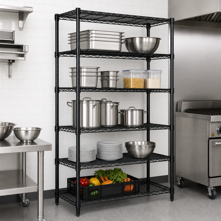 Product image #3 for Quantum 72"W x 14"D x 74"H Wire Shelving Starter Kit with 5 Shelves, Black Epoxy Antimicrobial Finish, 600-800 lb. Capacity