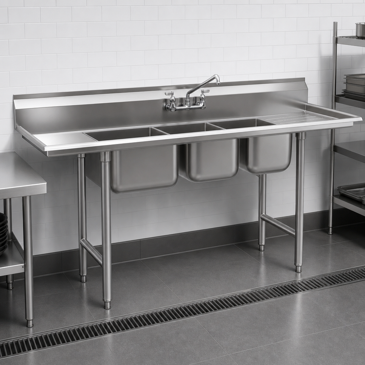 Product image #3 for Eagle Group 412 Series 3-Compartment Sink with Right Drainboard, 430 Stainless Steel, 74-5/8 Inch W x 27-1/2 Inch D