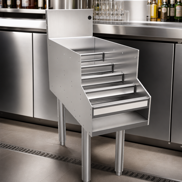 Product image #3 for Glastender Free-Standing Stainless Steel Underbar Liquor Steps, 12" W x 29" D, 5-Step