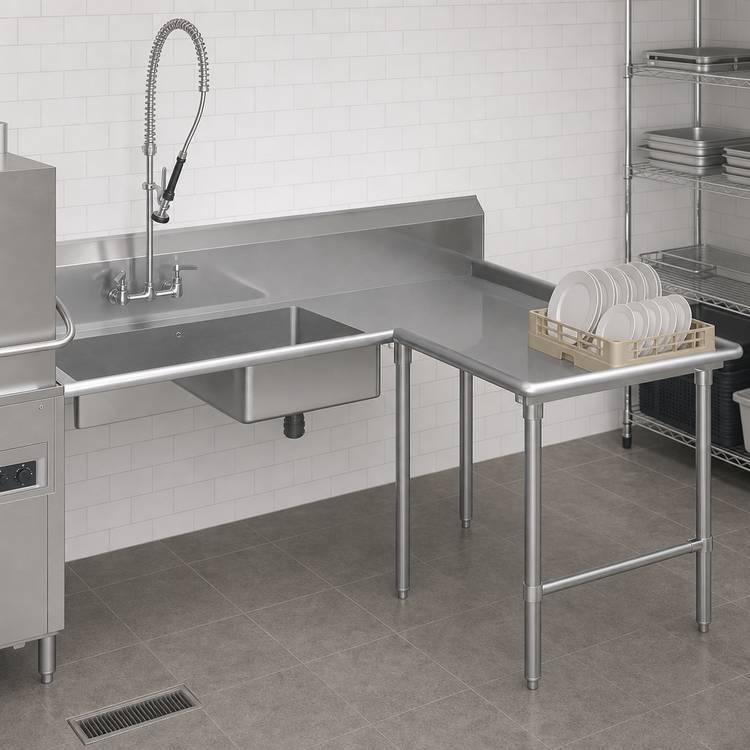 Product image #3 for John Boos Pro-Bowl L-Shaped Island Soiled Dishtable with Pre-Rinse Sink Bowl, 60" Machine-to-Corner x 48" Corner-to-End, Right-to-Left