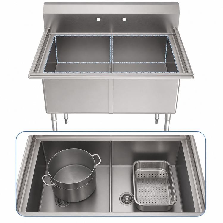 Product image #4 for KoolMore 42-Inch 2-Compartment Stainless Steel Commercial Sink with 18 x 24 x 14 Inch Bowls