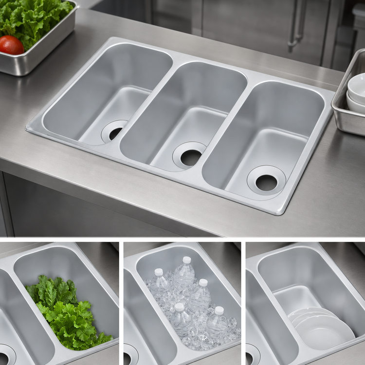 Product image #3 for Vollrath Vending Cart Triple Bowl Self-Rimming Drop-In Sink, 304 Stainless Steel