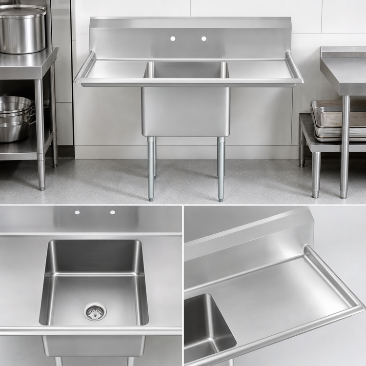 Product image #3 for Commercial 54-Inch Wide 1-Compartment Pot Sink with Left and Right Drainboards, 304 Stainless Steel